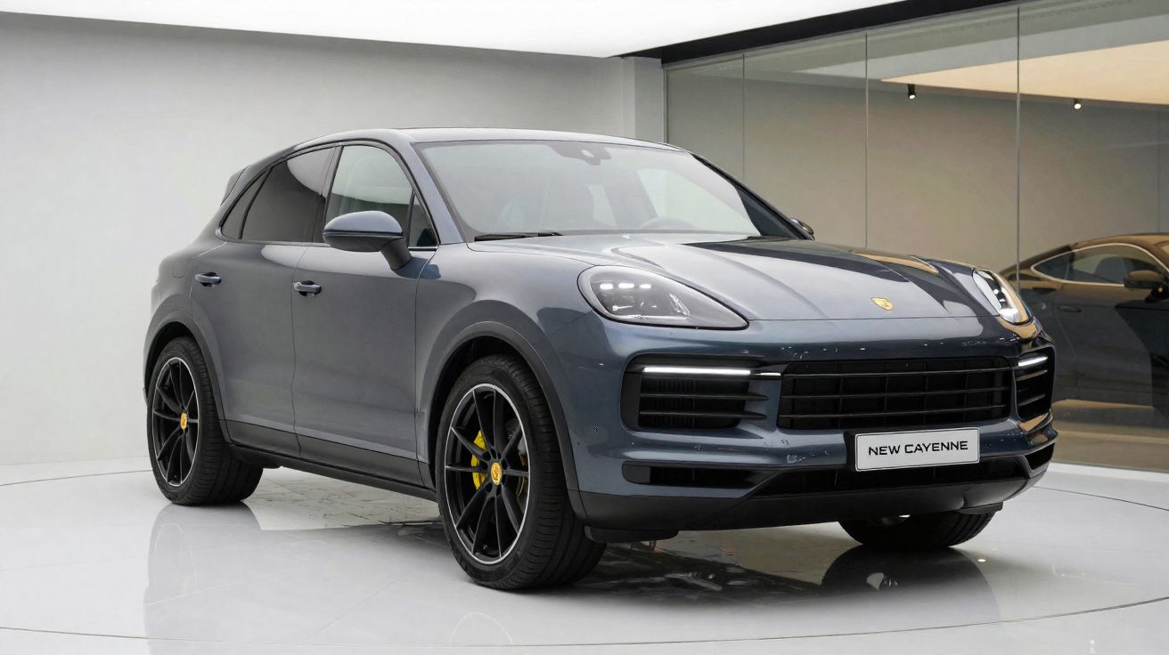 Carro SUV Porsche New Cayenne cinzento escuro estacionado em sala de exposição moderna.