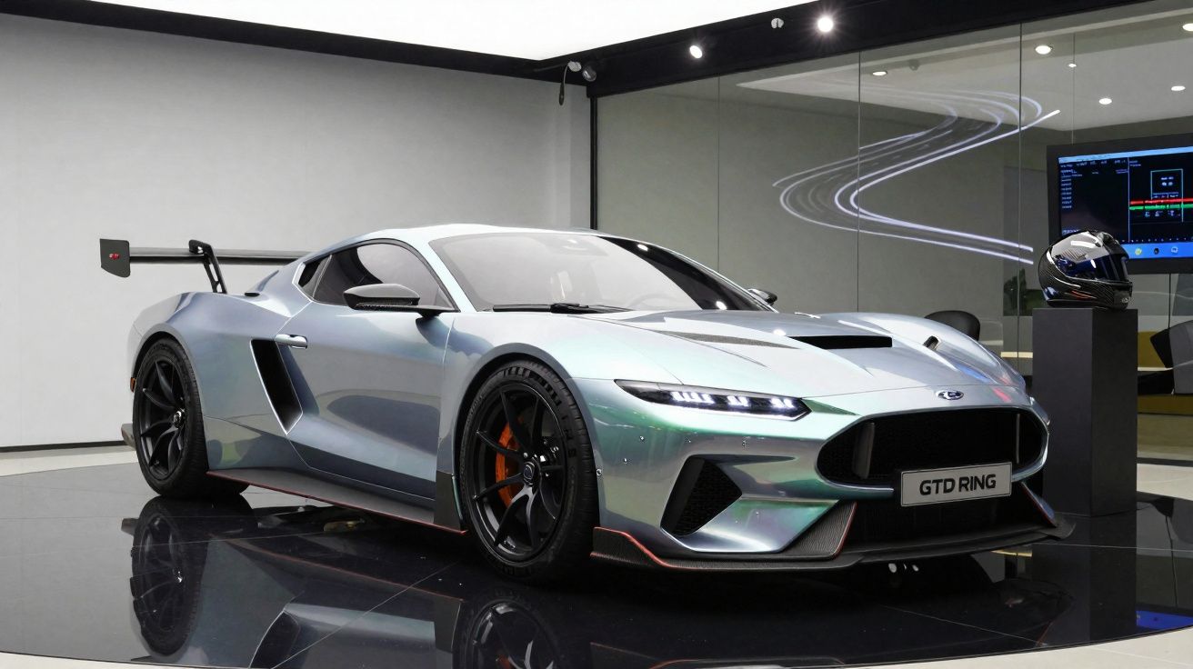 Carro desportivo prateado com aerofólio traseiro, pneus pretos e travões laranja em espaço interior moderno.