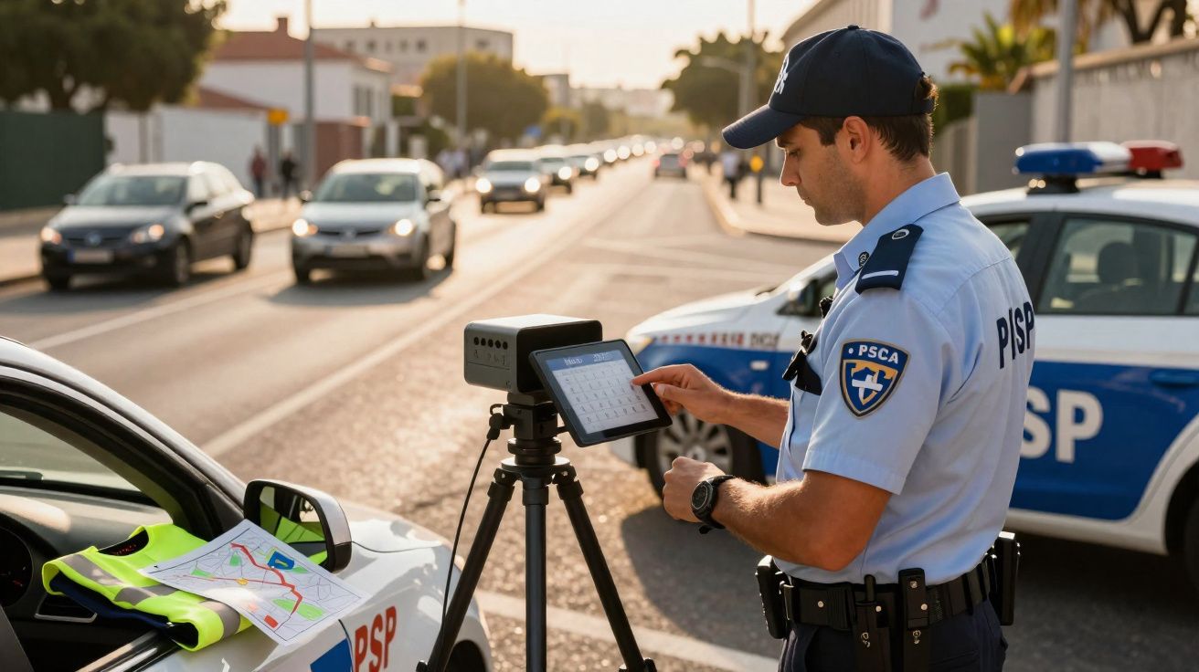 Polícia da PSP a operar radar de velocidade numa estrada movimentada ao pôr do sol.