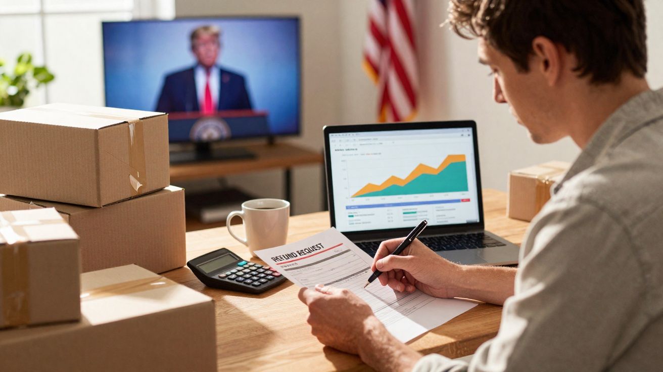 Homem a preencher formulário perto de computador com gráfico, caixas e televisão ao fundo.