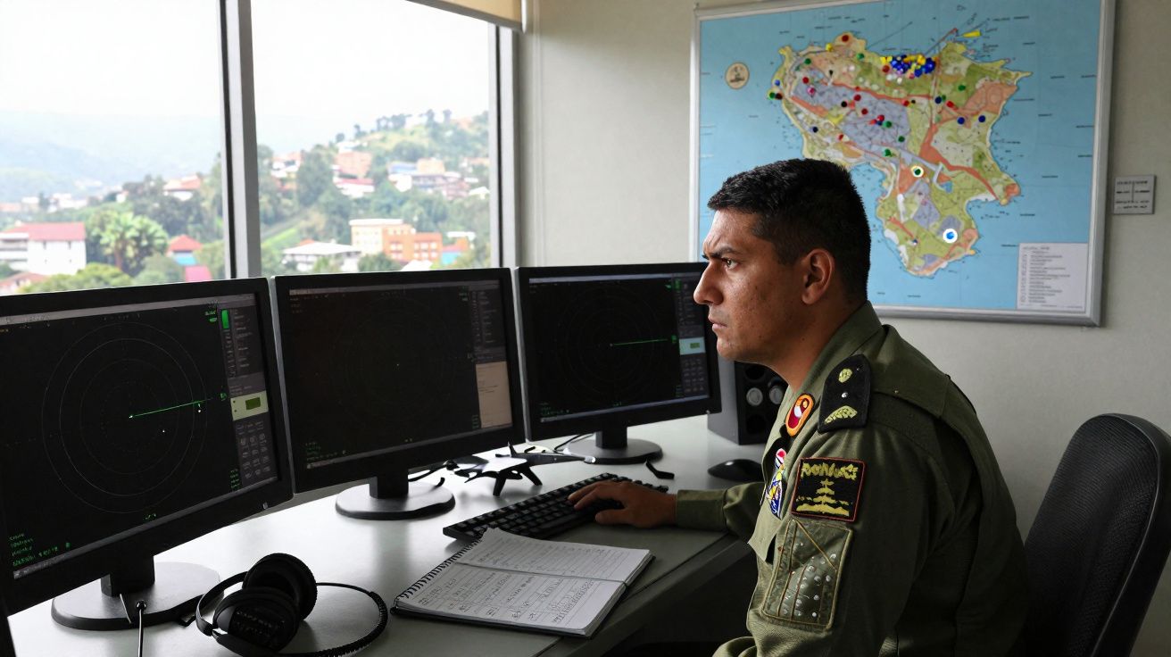 Homem em uniforme militar sentado à secretária a observar três ecrãs de radar, com mapa na parede atrás.