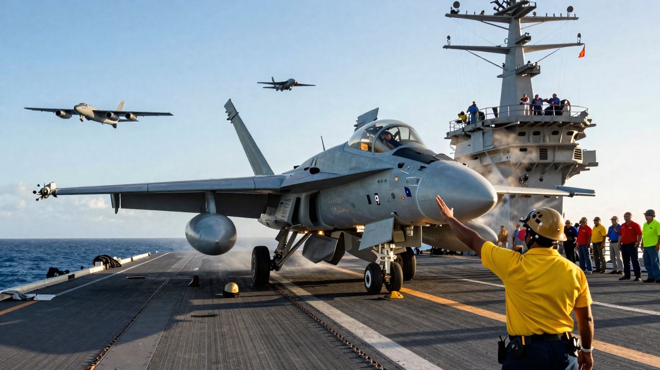 Caça F-18 numa porta-aviões com pessoal naval e aviões ao fundo no mar aberto.