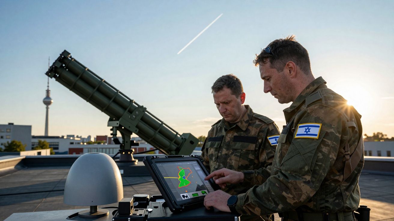 Dois soldados com uniformes militares com bandeiras de Israel operam equipamento de artilharia num telhado ao pôr do sol.