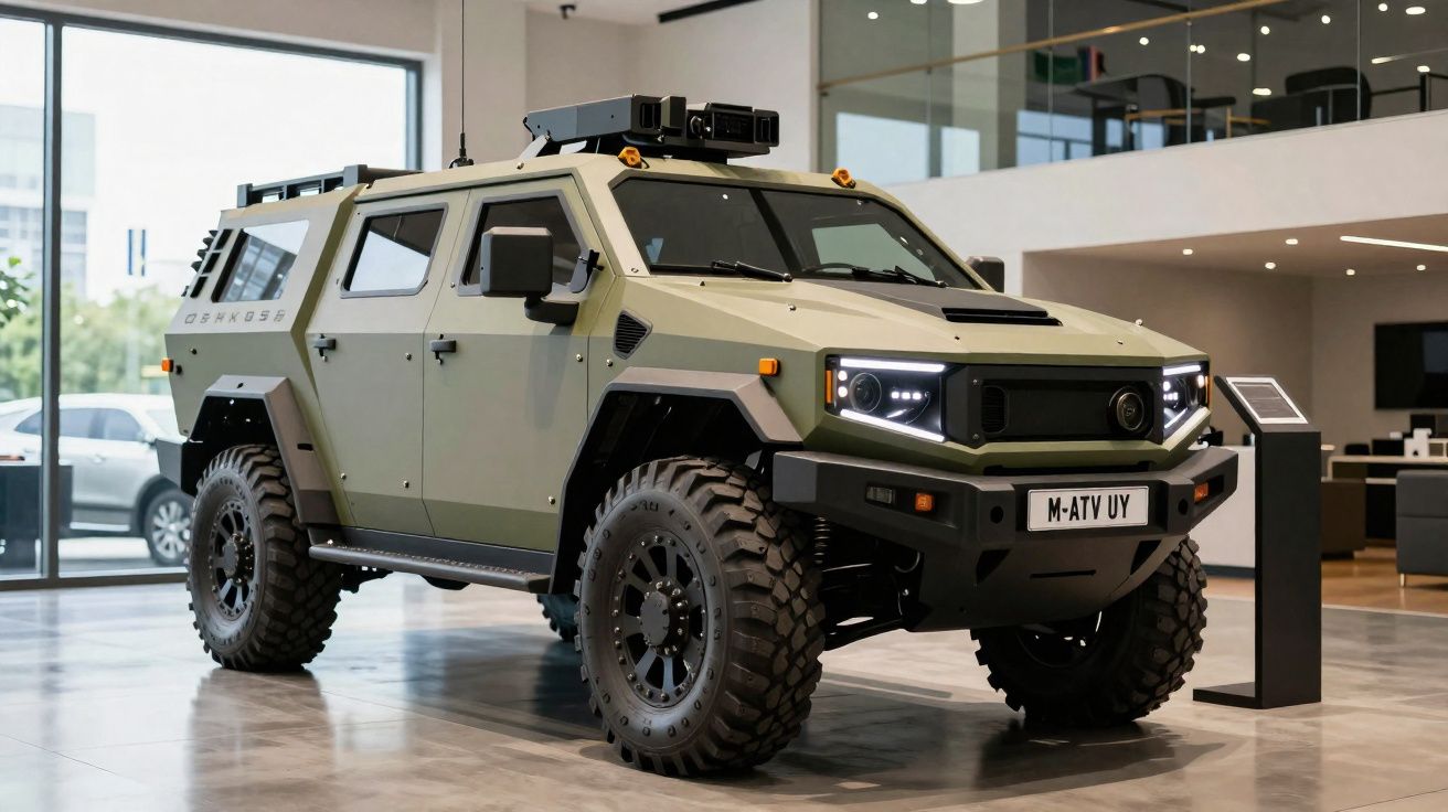 Veículo blindado militar todo-o-terreno de cor verde-oliva exposto em ambiente interior moderno.