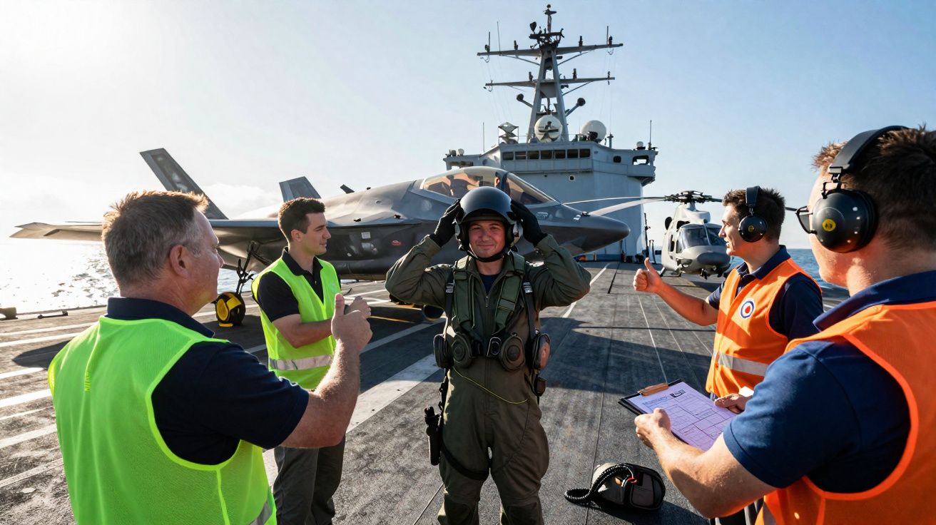 Piloto de avião militar com farda no convés de um porta-aviões, rodeado por equipa de apoio com coletes.