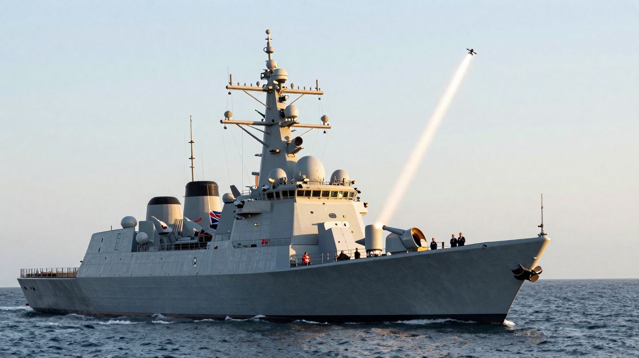 Navio de guerra cinzento a disparar um míssil sobre o mar com céu limpo ao fundo.