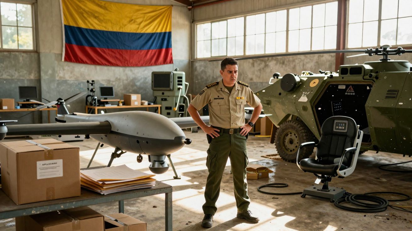 Soldado numa oficina militar com drone e viatura blindada ao fundo, sob bandeira da Colômbia.