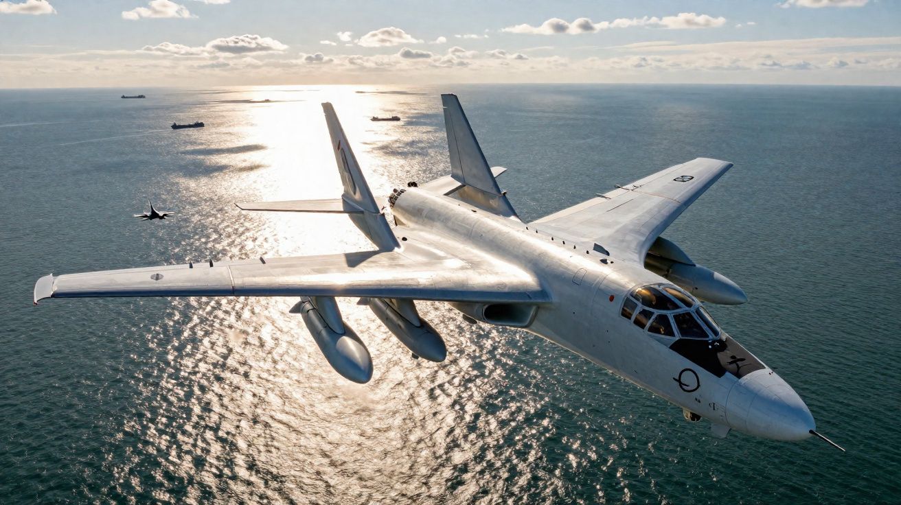Avião militar voando sobre o mar com o sol refletido na água e outros navios ao longe.