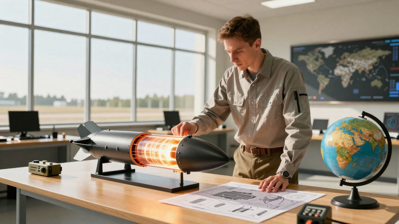 Homem a analisar modelo de míssil com interior iluminado numa sala de controlo com mapas e globo terrestre.