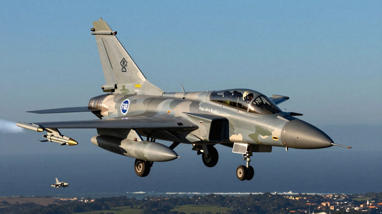 Caça militar cinzento da Força Aérea Brasileira em voo com paisagem terrestre ao fundo.