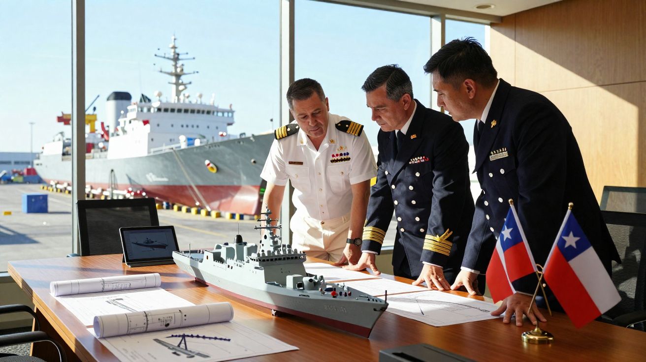 Três militares analisam projectos junto a um modelo de navio numa sala com vista para um porto.