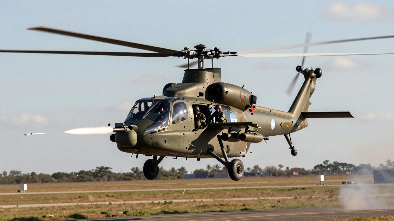 Helicóptero militar disparando um míssil durante voo baixo sobre pista ao ar livre.