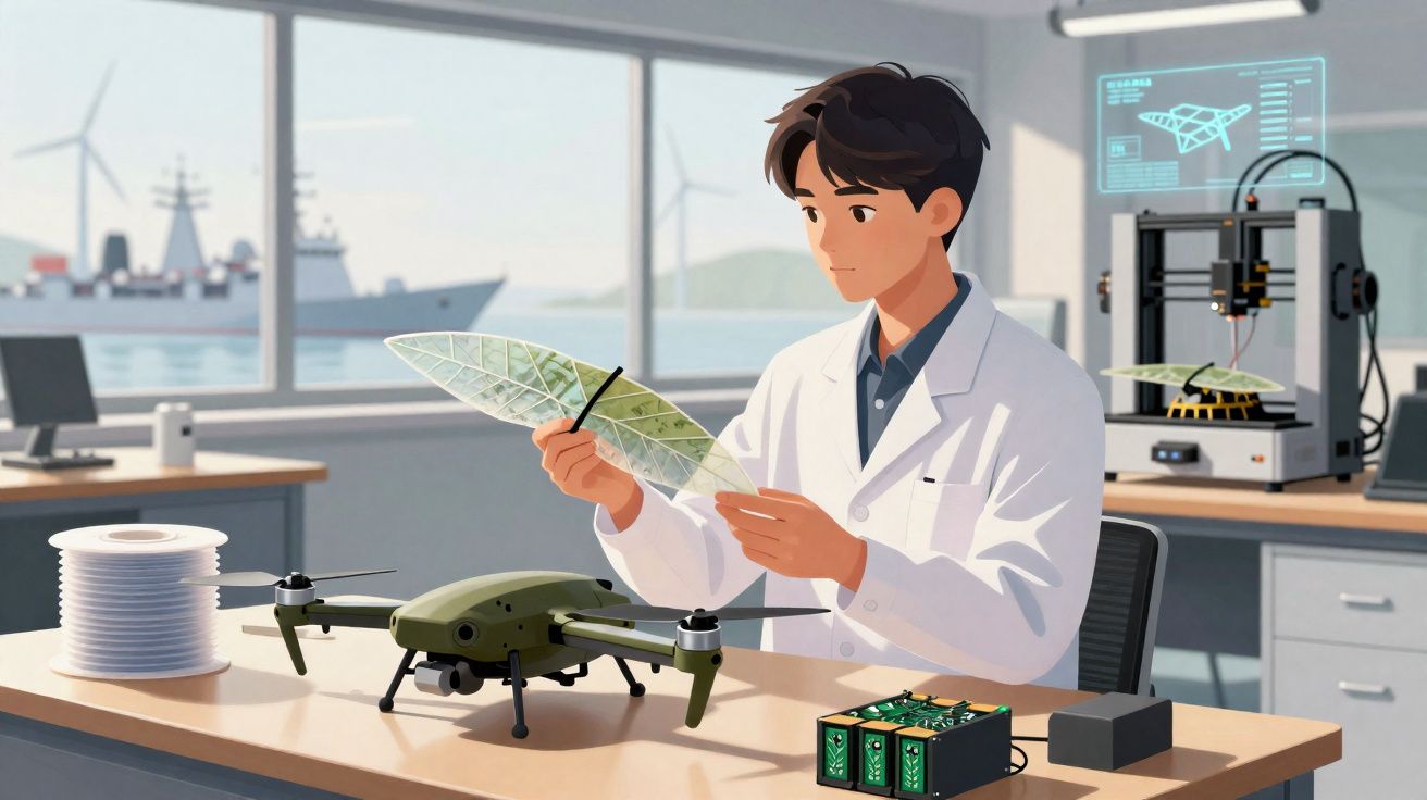 Jovem cientista em laboratório analisa componente de asa biodegradável para drone ambiental.