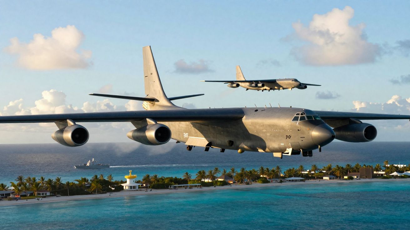 Dois aviões militares a voar baixo sobre águas azuis e um recife com palmeiras e construções.