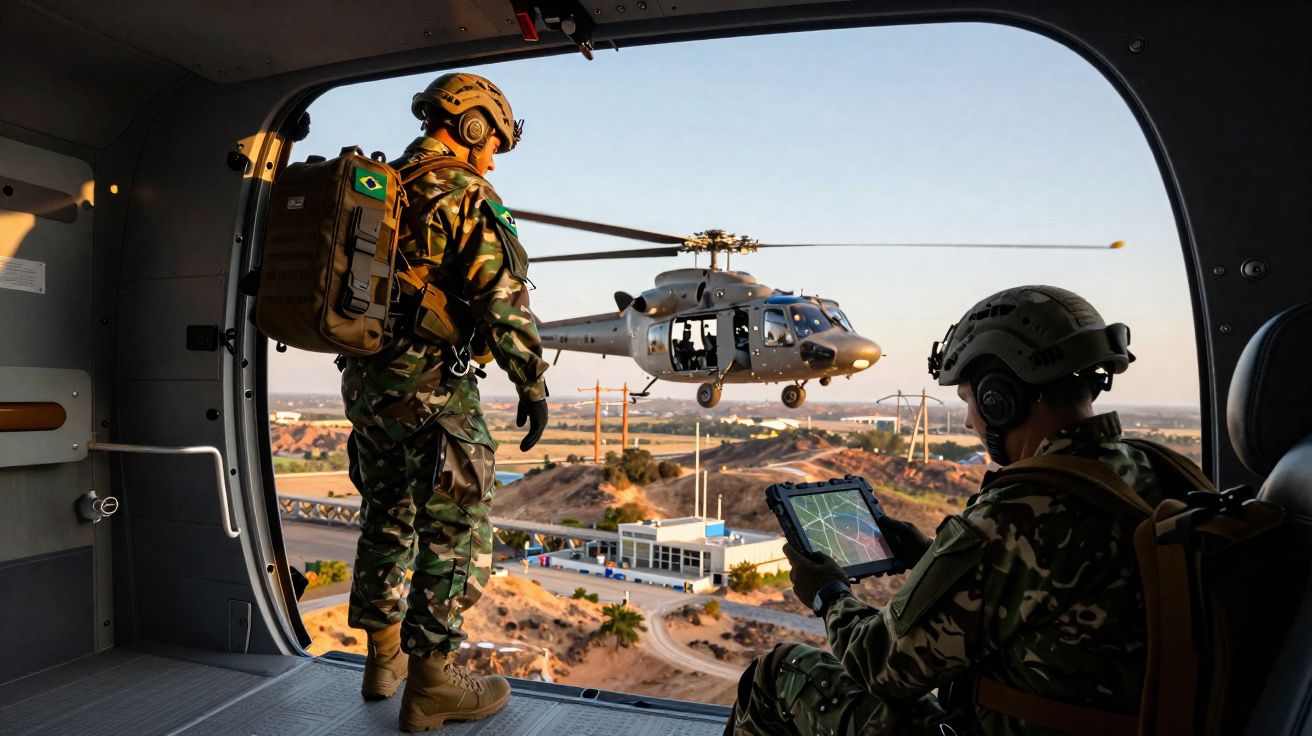 Militares em uniforme camuflado dentro de helicóptero com outro helicóptero em voo ao fundo sobre paisagem rural.