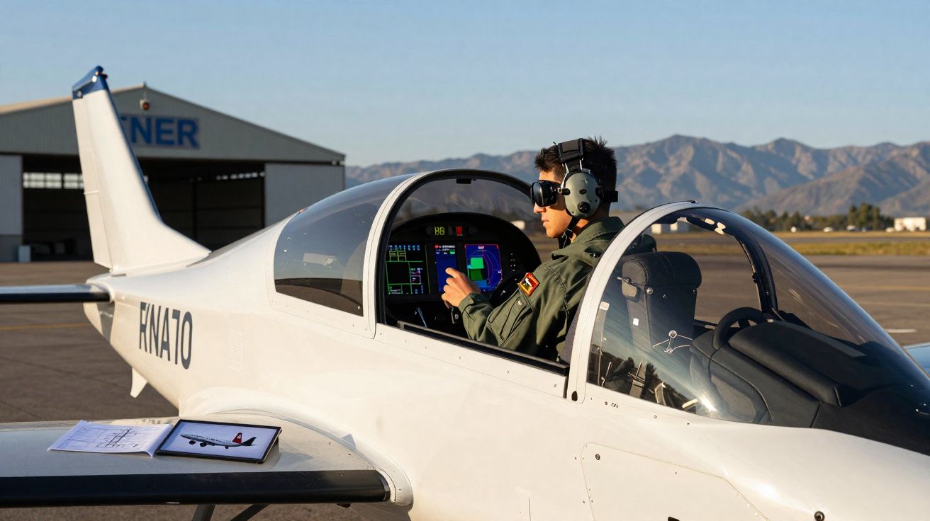 Piloto com fones e óculos no cockpit de avião branco estacionado em pista com montanhas ao fundo.