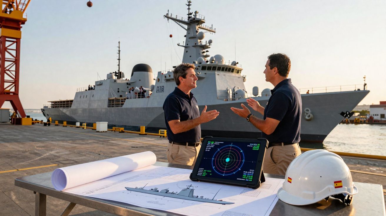 Dois homens em uniforme conversam num cais junto a um navio militar, com planos e radar numa mesa próxima.