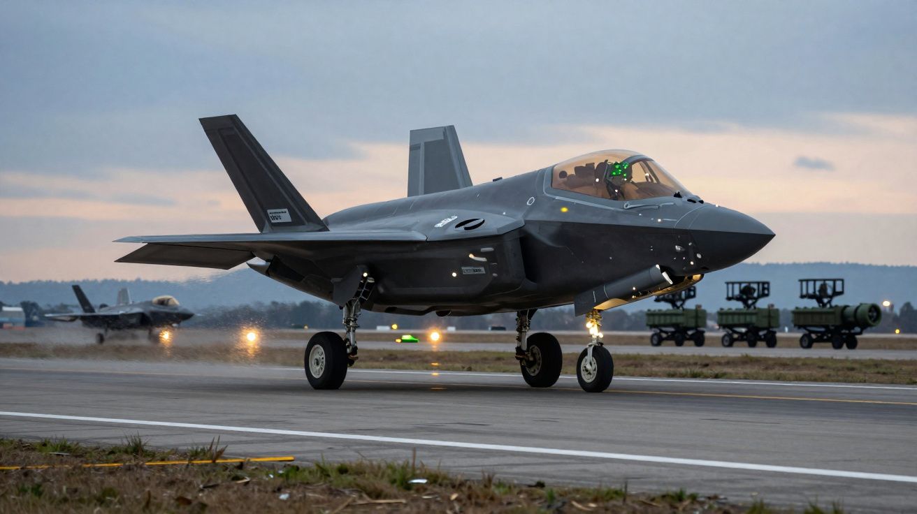 Caça militar moderno a preto na pista de aviação ao entardecer.