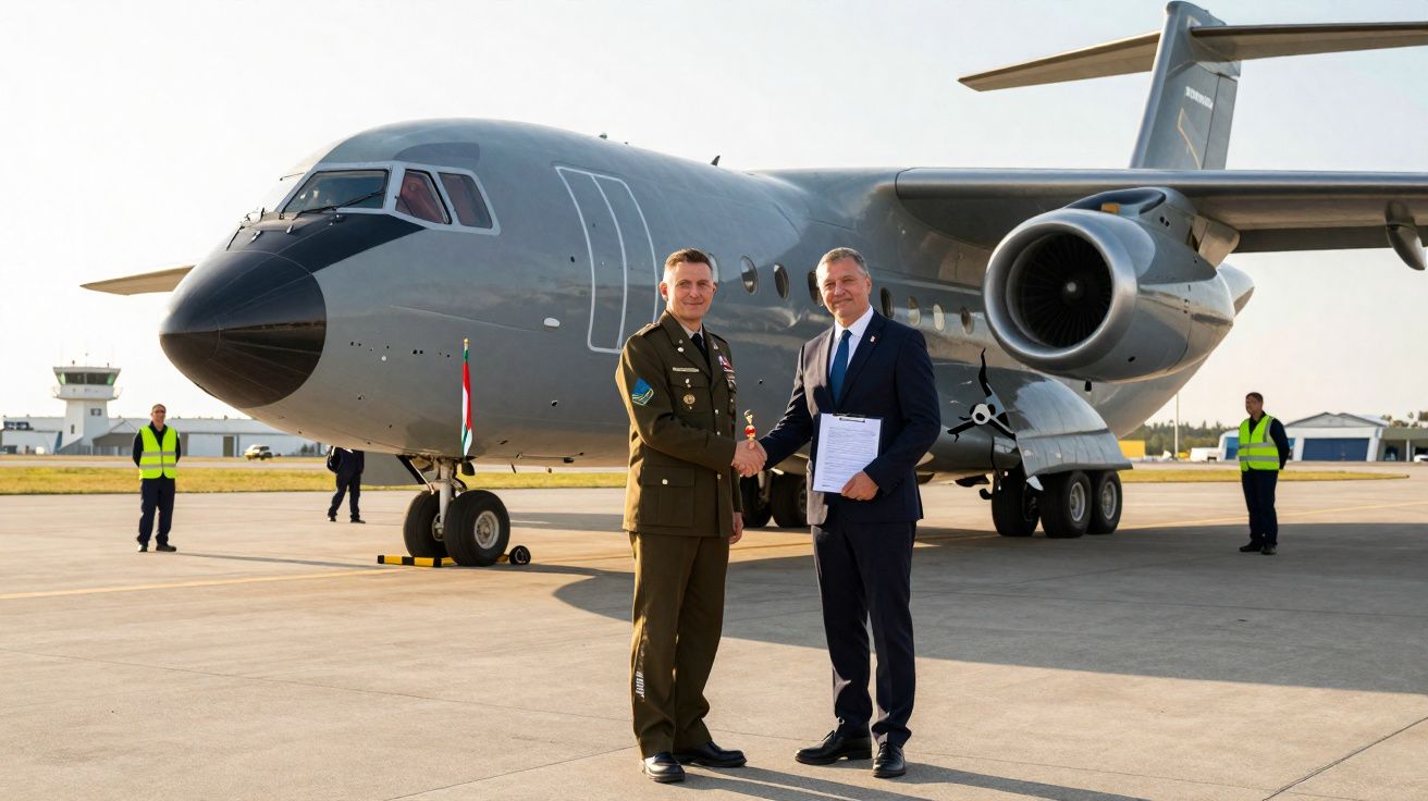 Dois homens, um militar e outro em fato, apertam as mãos em frente a um avião militar estacionado num aeroporto.