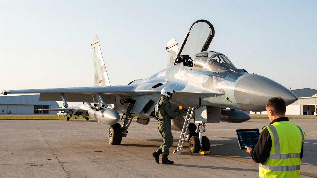 Caça militar estacionado com piloto a entrar e técnico a verificar dados num tablet na pista.