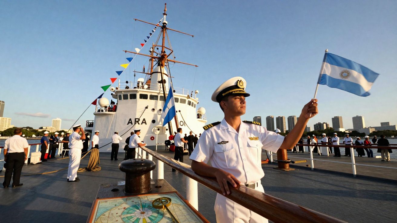 Marinheiro em farda branca segura bandeira da Argentina em navio militar com tripulação na popa ao pôr do sol.