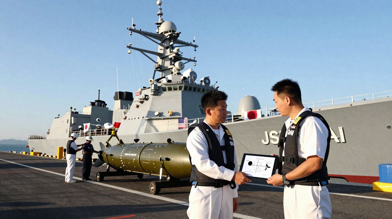 Dois marinheiros japoneses em uniforme com coletes de salvação trocam um documento no convés junto a um navio de guerra JS Fu