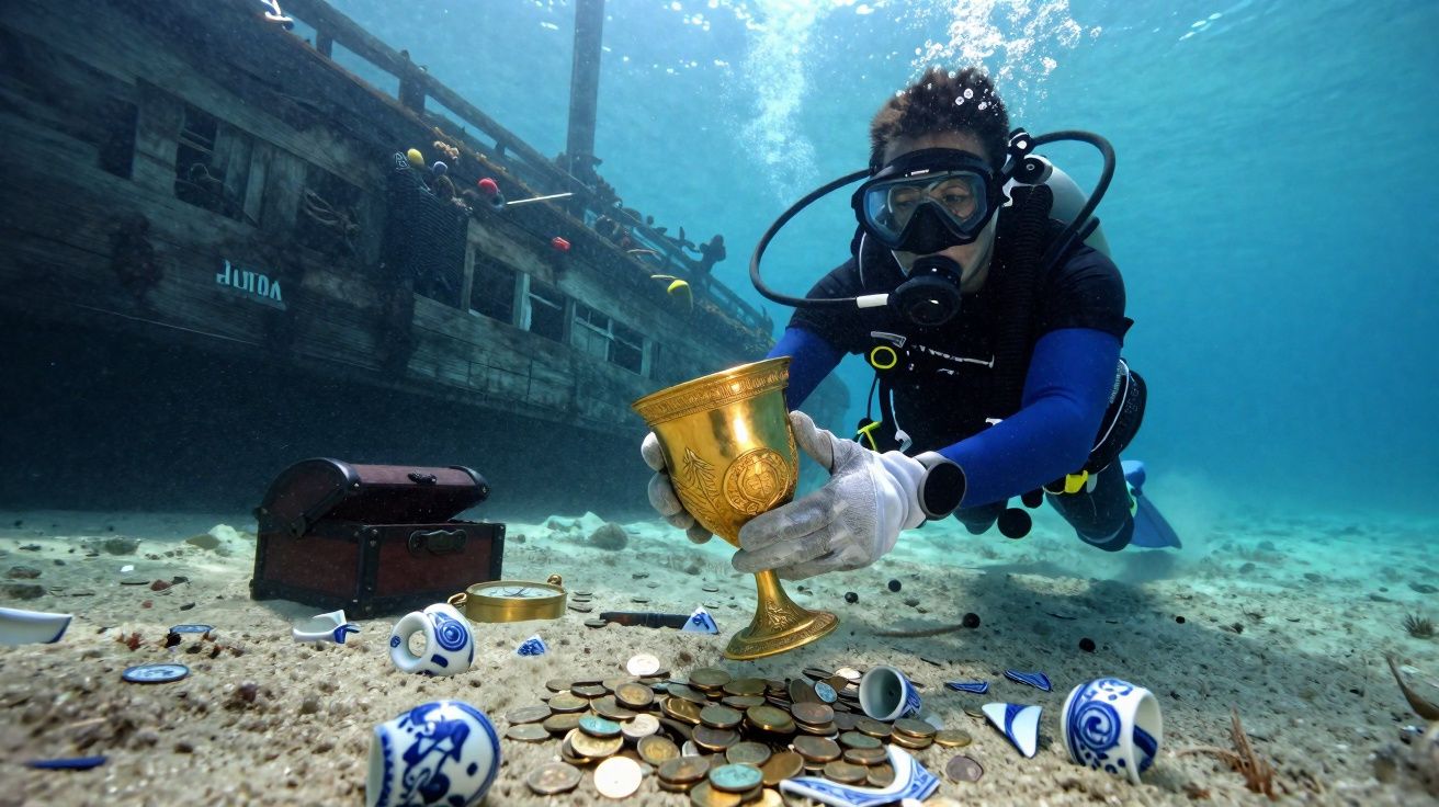 Mergulhador explorando e recolhendo tesouro no fundo do mar perto de naufrágio antigo.