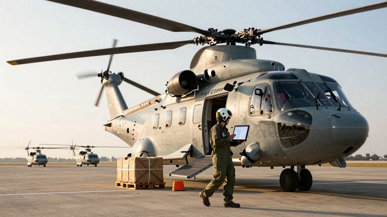 Helicóptero militar cinzento no solo com piloto em traje verde e capacete branco a consultar tablet.