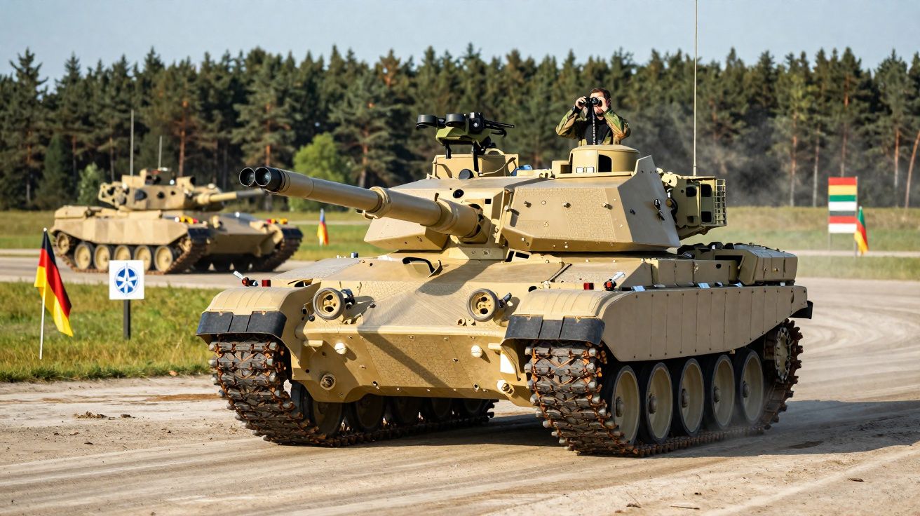 Tanque militar de cor areia em estrada junto a bandeiras e floresta ao fundo, com soldado a observar pelo binóculo.