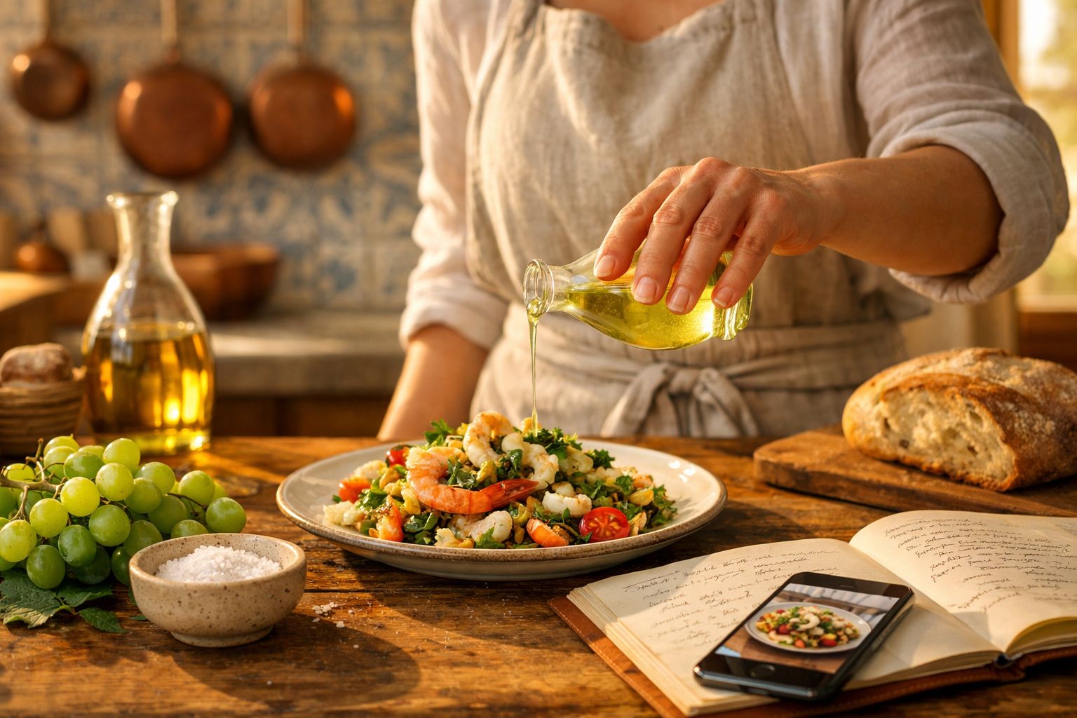 Pessoa a temperar salada com legumes e camarão com azeite numa cozinha rústica com pão e uvas.