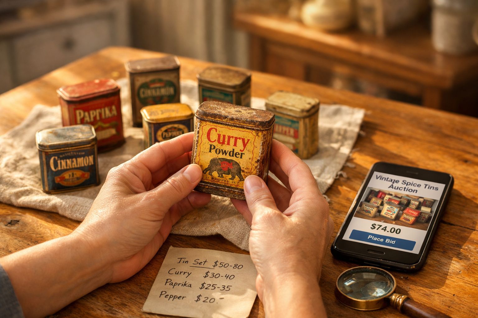 Mãos seguram lata antiga de curry powder entre outras latas de especiarias vintage e telemóvel com leilão online.