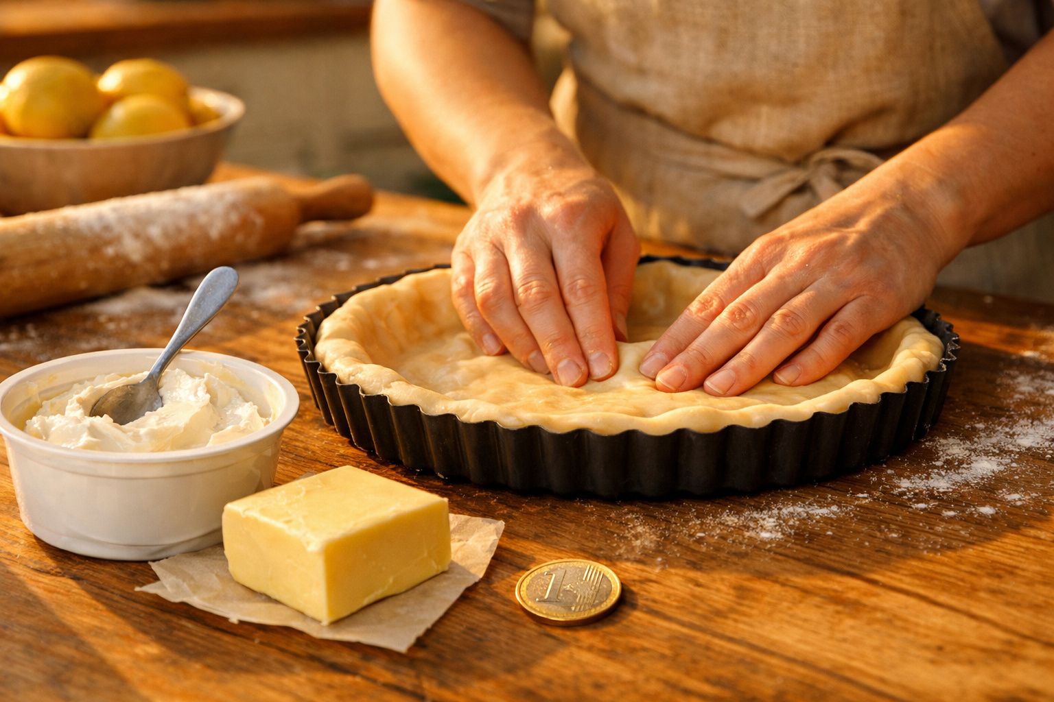 Mãos a preparar massa folhada numa forma de tarte, com manteiga, creme e limões numa mesa de madeira.