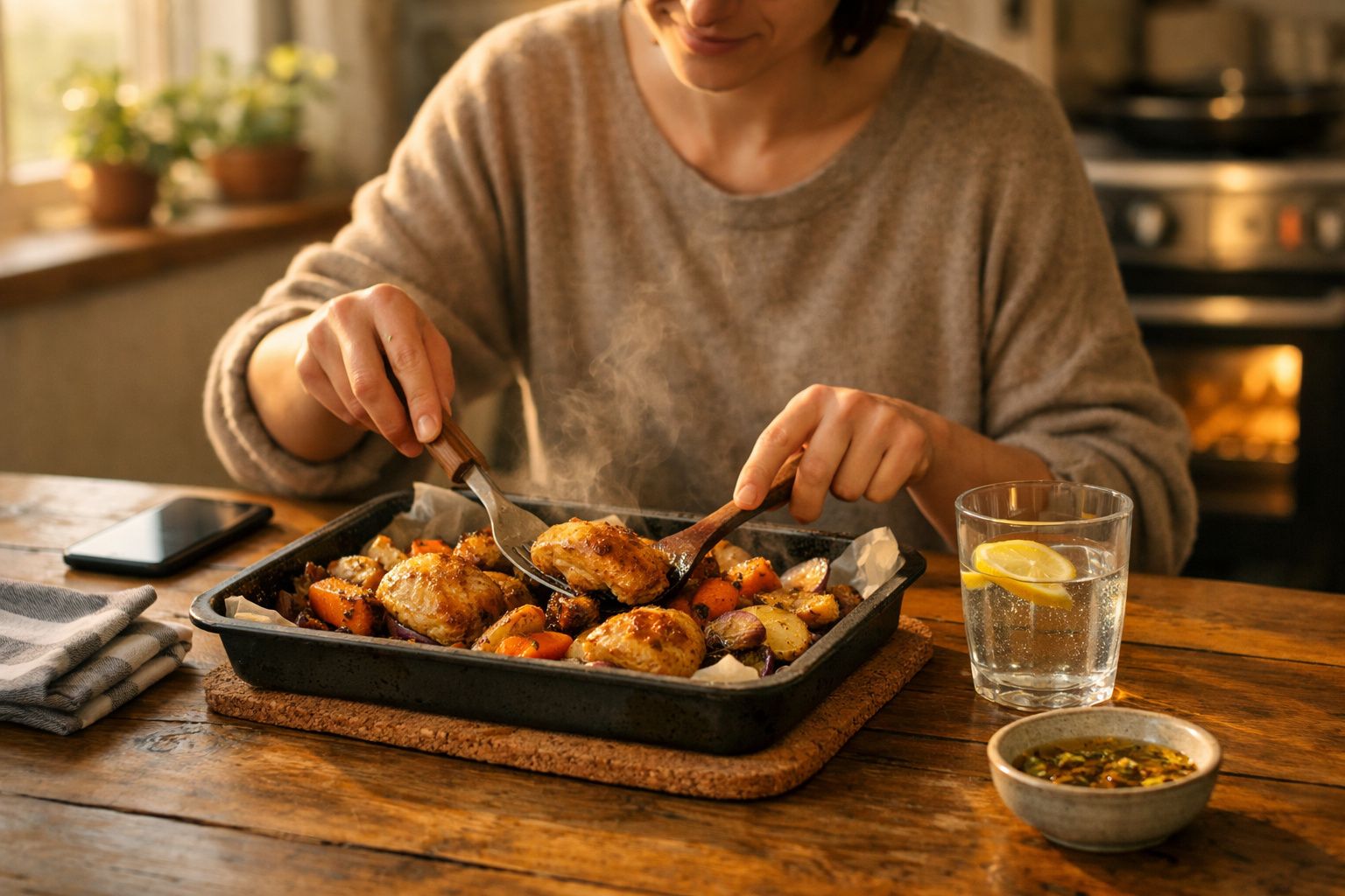 Pessoa a servir frango assado com legumes numa assadeira, numa mesa rústica junto a copo de água com limão.