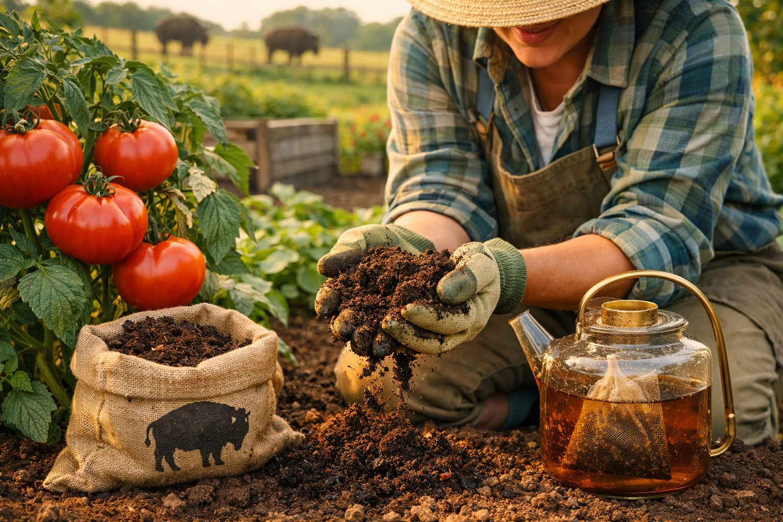 Pessoa com luvas segurando terra húmida junto a tomates vermelhos e jarra de chá num jardim.
