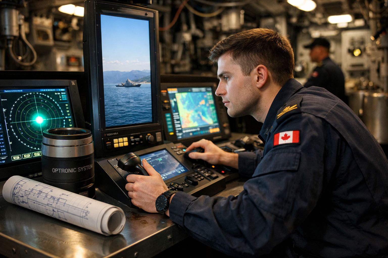Militar canadiano a operar equipamentos de monitorização naval dentro de uma embarcação.