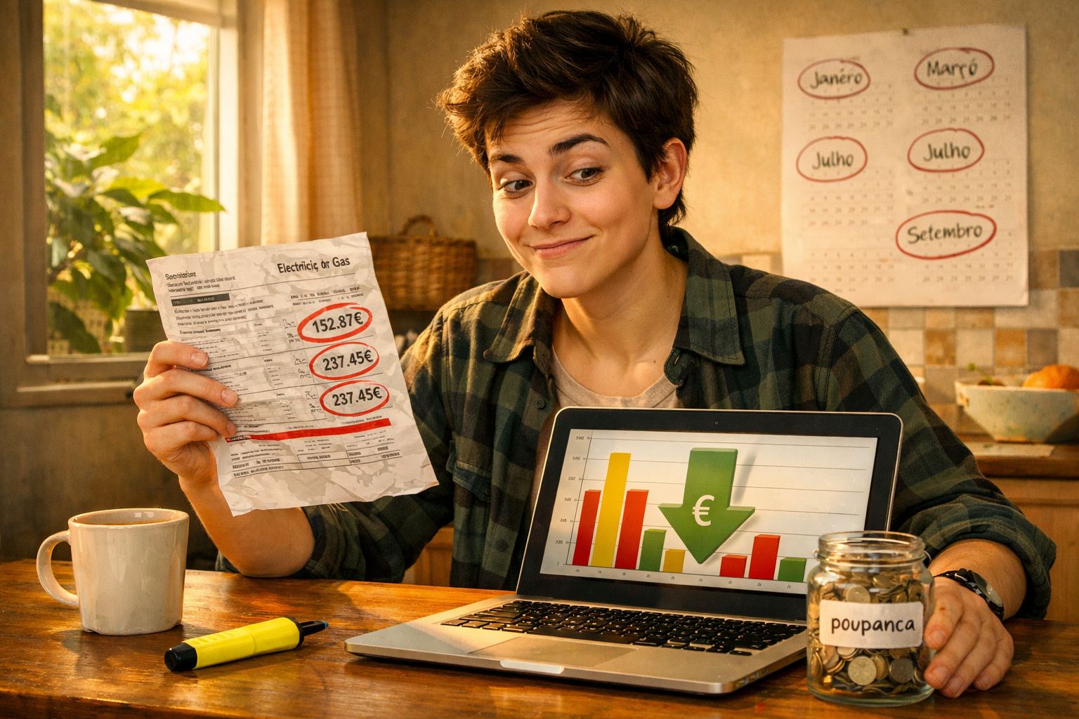 Pessoa sentada à mesa com conta de eletricidade, laptop com gráfico de queda de custos e frasco de poupança.