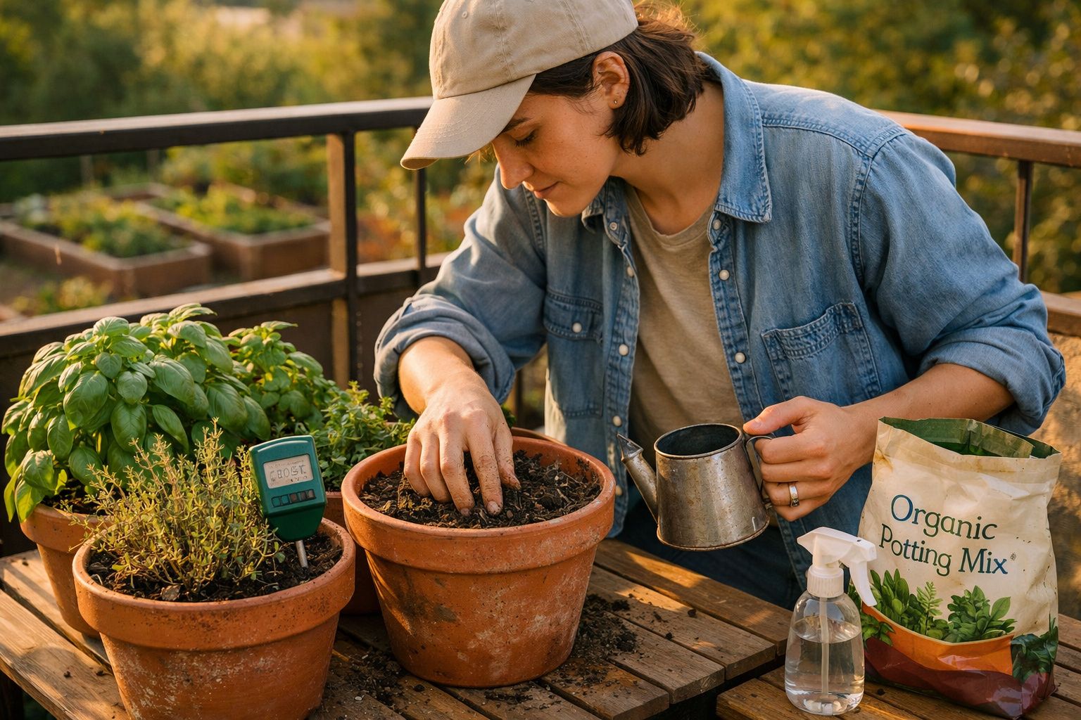 Pessoa a plantar ervas aromáticas em vasos de barro num jardim urbano ao entardecer.