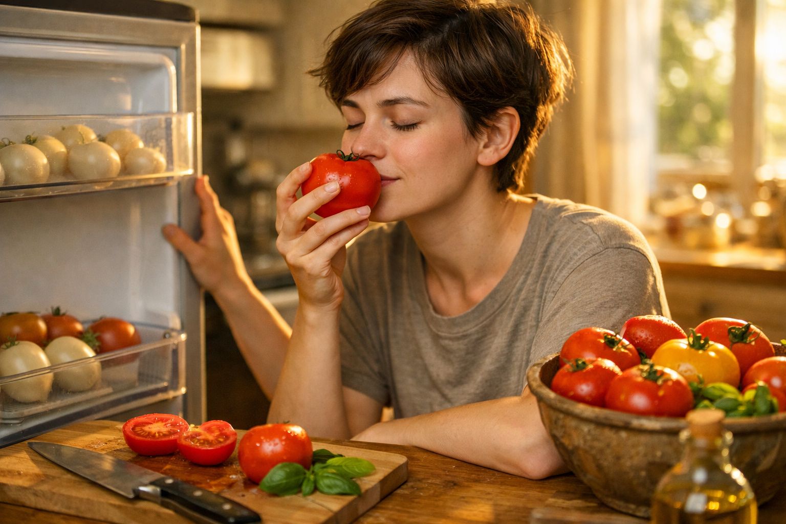 Mulher a cheirar tomate vermelho junto a uma mesa com mais tomates e frutas numa cozinha iluminada.