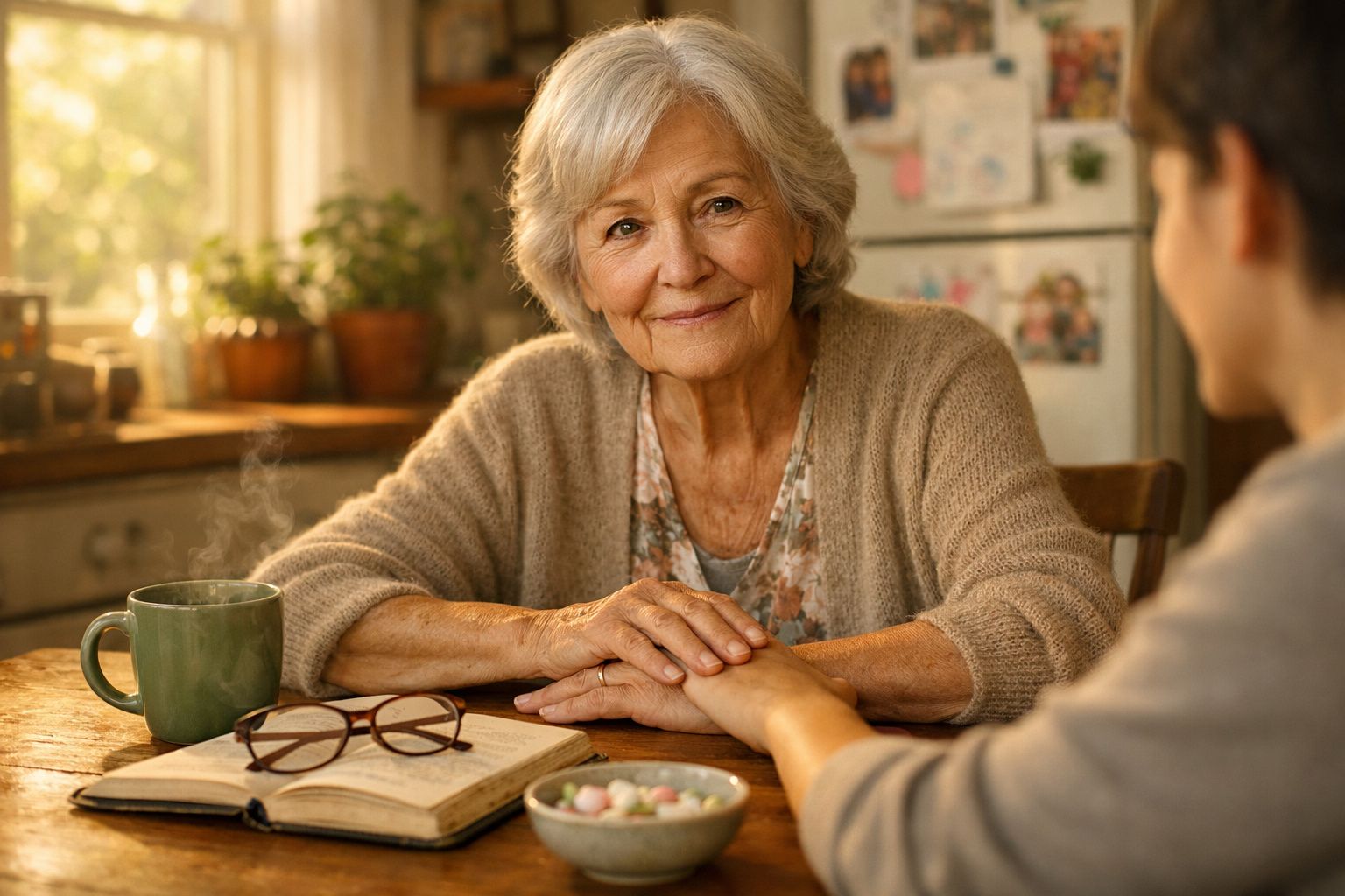 Pessoa idosa sorridente segurando a mão de alguém à mesa com chá e óculos.