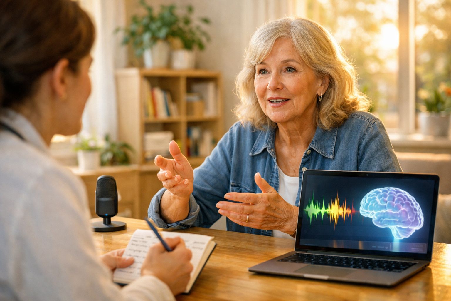 Mulher idosa em conversa com profissional, laptop mostra cérebro e ondas sonoras numa consulta médica.