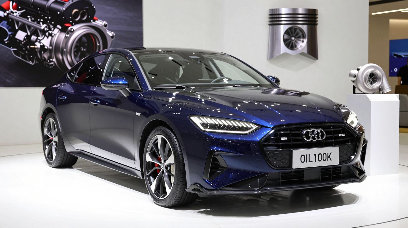 Automóvel Audi azul escuro com faróis LED exposto numa sala de exibição moderna.