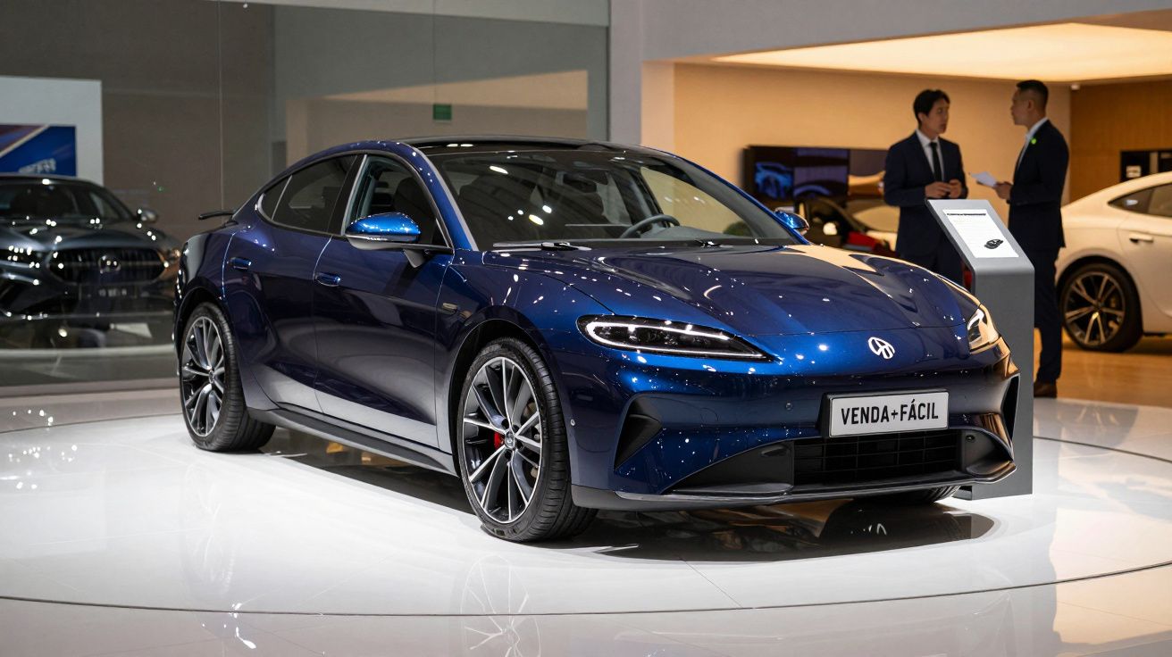 Carro desportivo azul metálico exposto em salão automóvel com duas pessoas ao fundo.