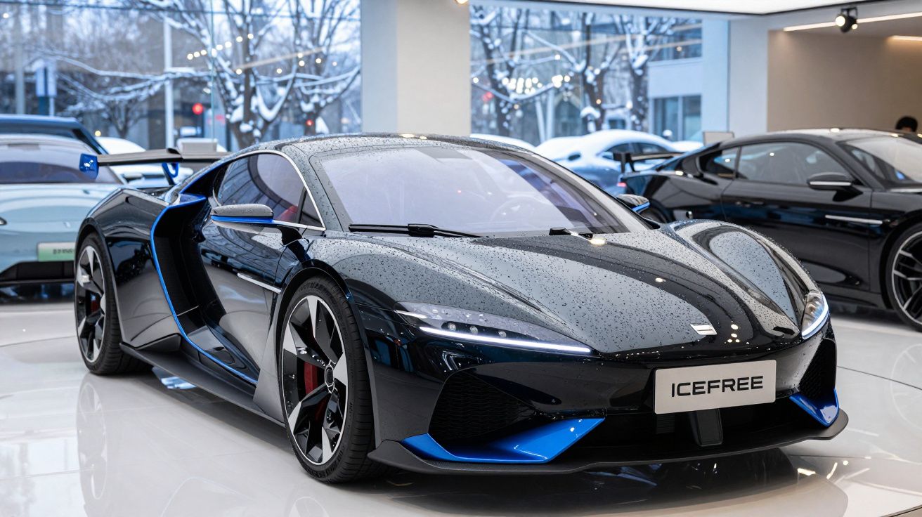 Carro desportivo eléctrico preto com detalhes azuis exposto em showroom moderno e luminoso.