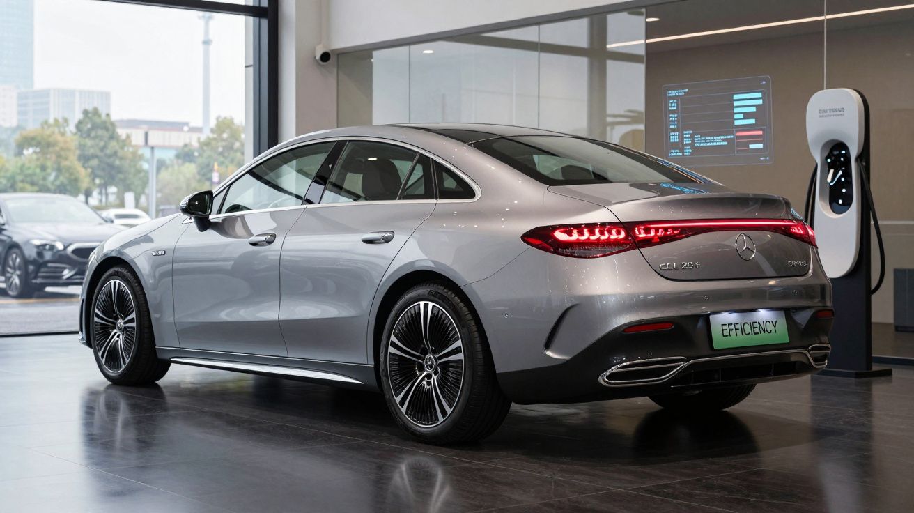 Carro elétrico Mercedes-Benz EQE 350+ estacionado numa garagem moderna junto a um posto de carregamento.