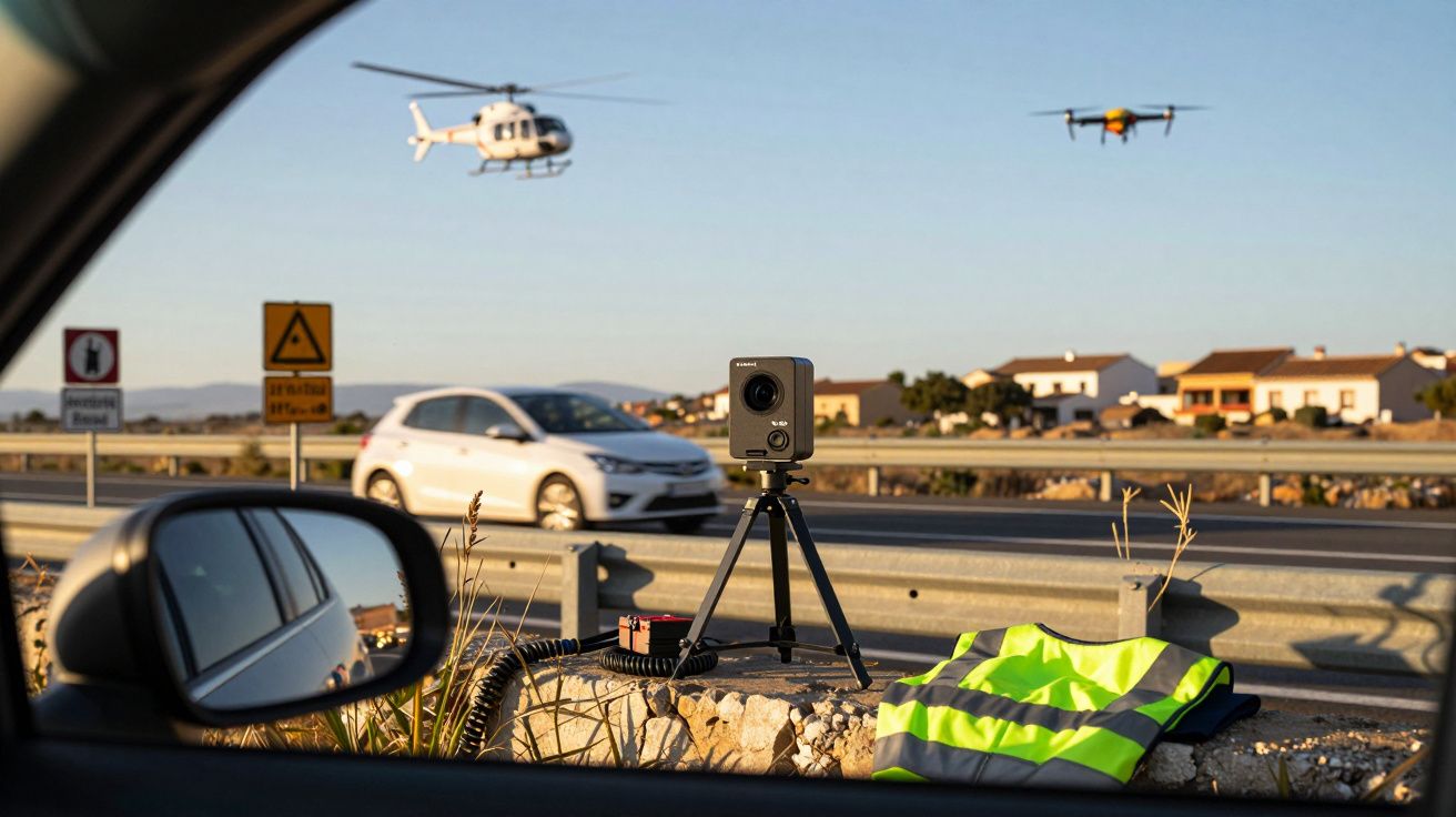 Câmara de velocidade e colete amarelo junto a estrada, com carro, helicóptero e drone em voo ao fundo.