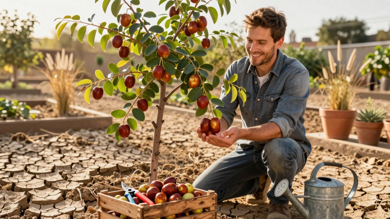 Homem colhe frutos maduros de árvore jovem num terreno seco com regador e caixa de colheita ao lado.