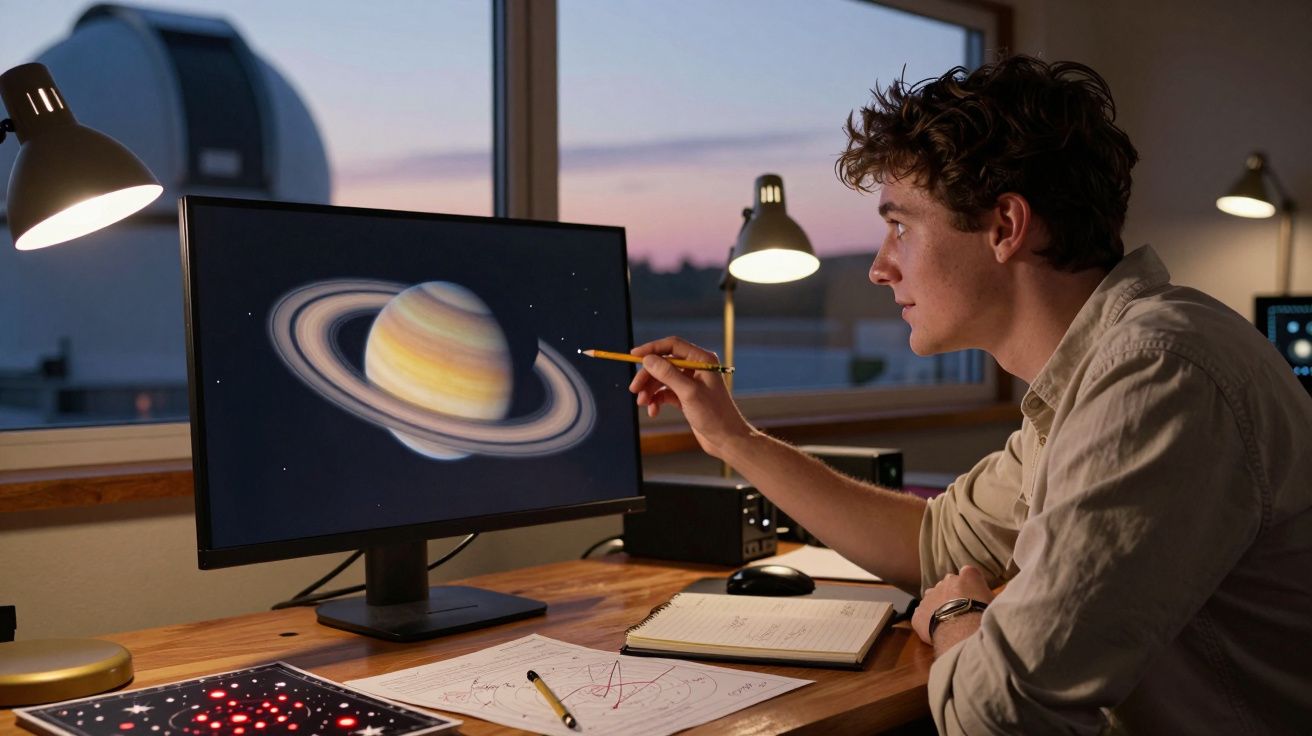 Jovem sentado à secretária a observar e apontar para uma imagem de Saturno num ecrã de computador.