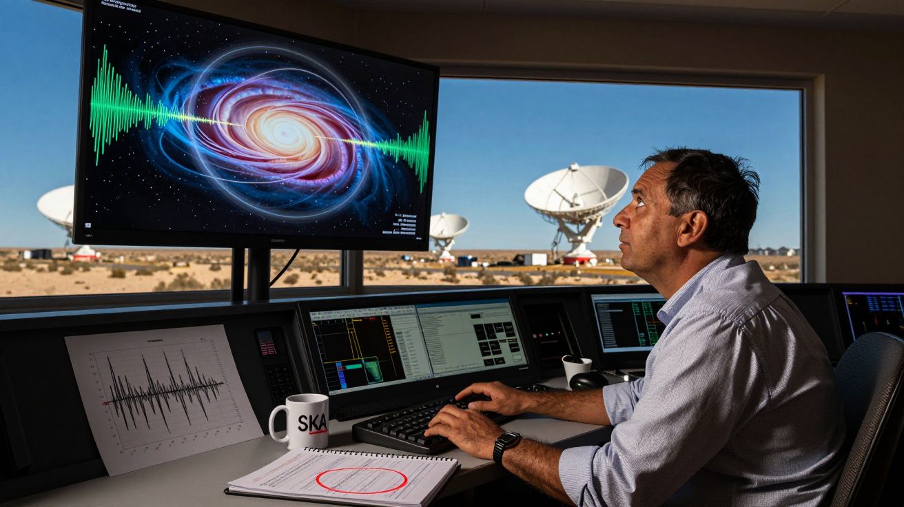 Homem a trabalhar em centro de controlo de rádioastronomia com antenas parabólicas visíveis ao fundo.