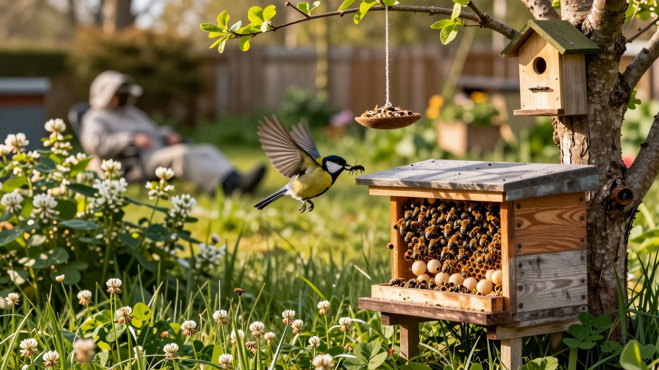 Pássaro a voar perto de colmeia numa árvore num jardim com flores e pessoa desfocada ao fundo.