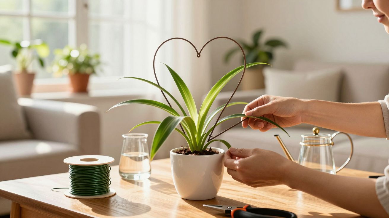 Pessoa a cuidar de planta em vaso branco numa sala iluminada, com arame em forma de coração.